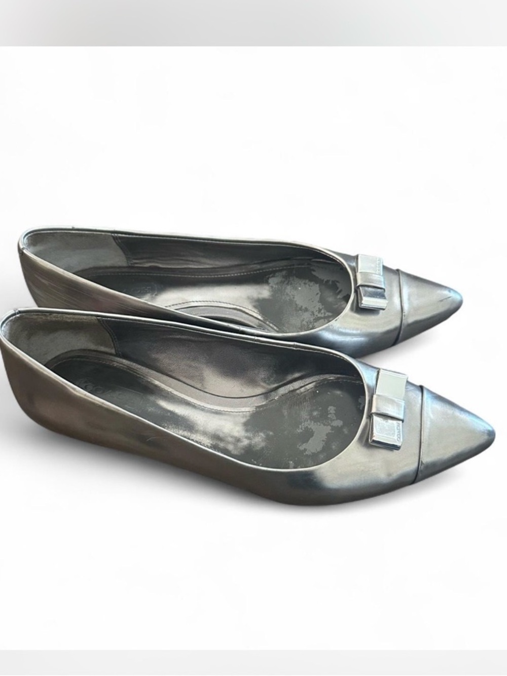 Coach Metallic Silver Pointed Toe Flats with Bow‎ Detail